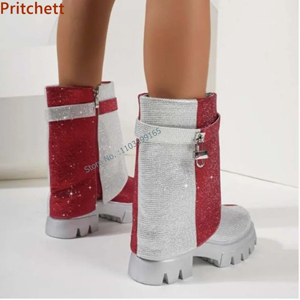 Lock Patchwork Crystal Mid Calf Boots Round Toe Thick Soled Side Zipper Mixed Color Women's Shoes Spring Bling Modern Shoes