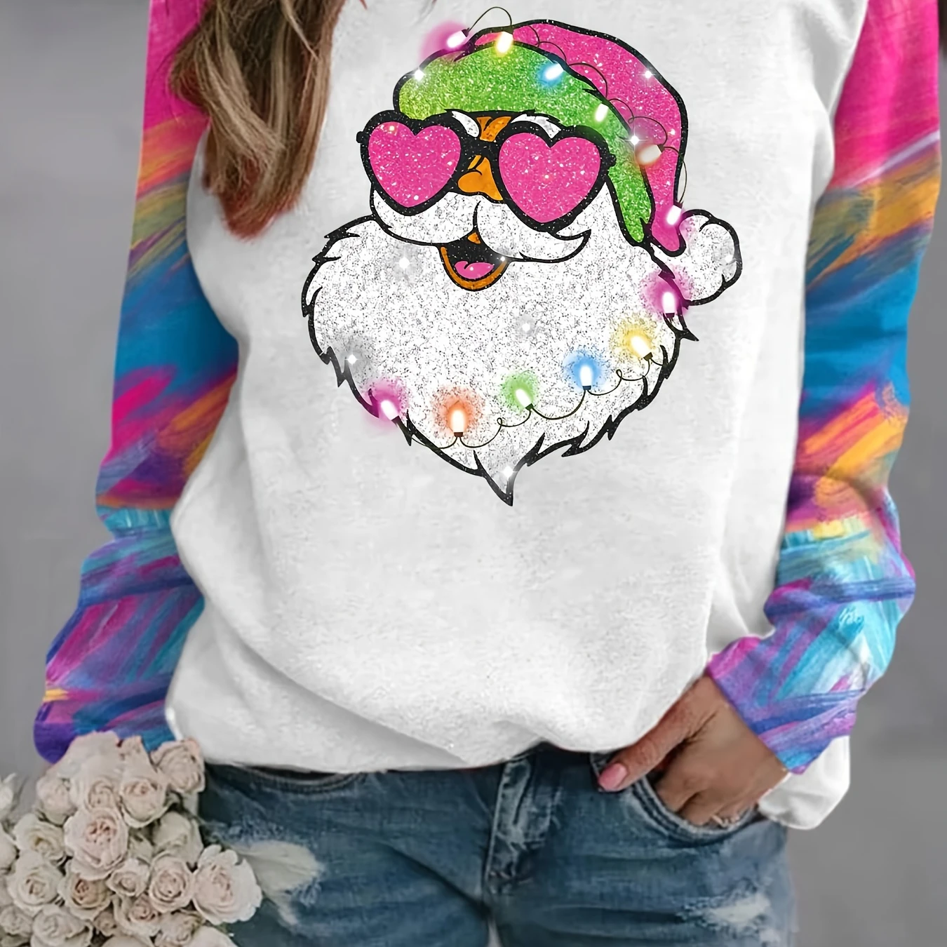 Christmas Santa Print Raglan Pullover Sweatshirt - Soft Casual Crew Neck Long Sleeve, Fall & Winter Women\'s Comfort Clothing