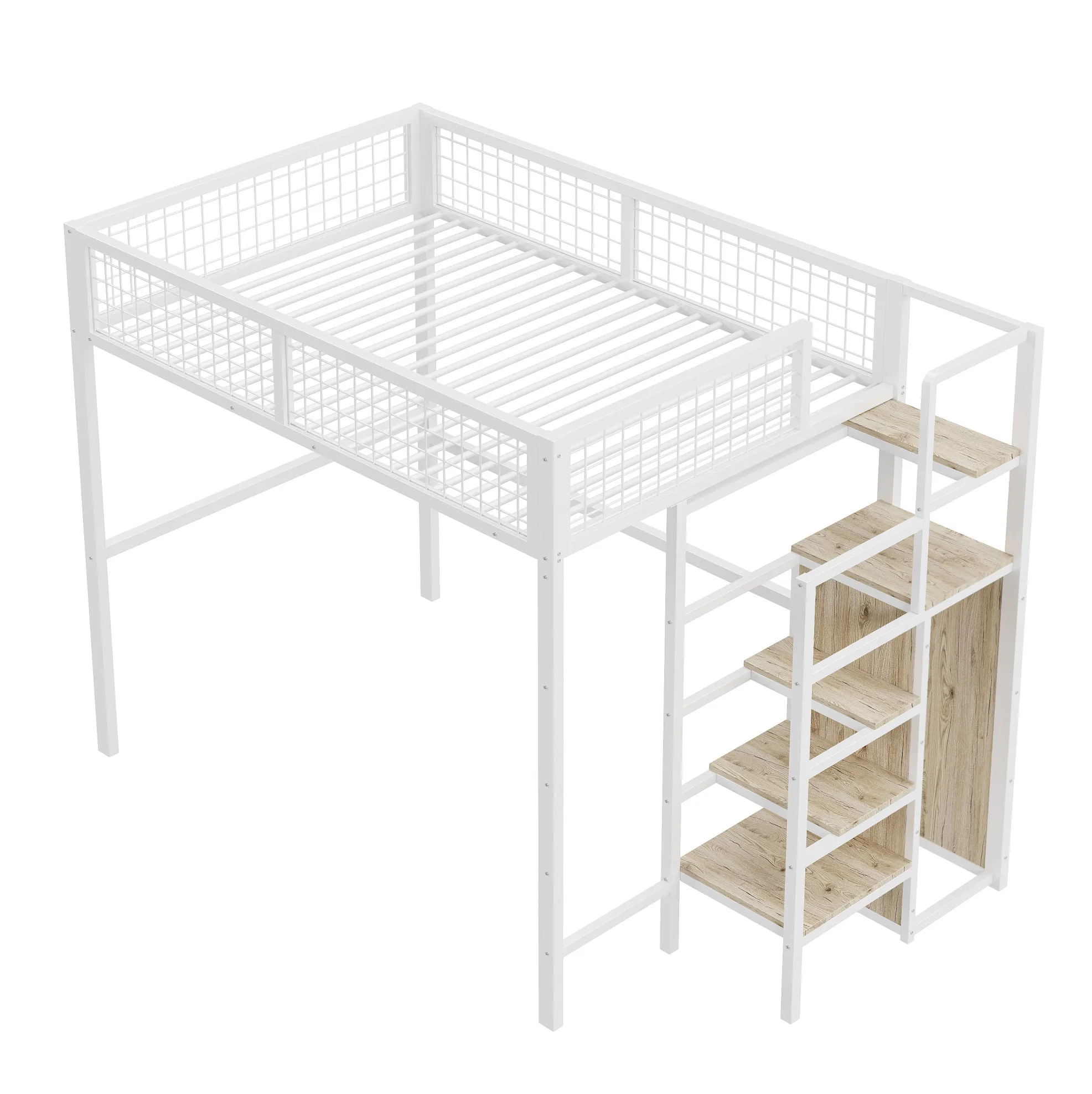 WUVRIE Hoogslaper 140x200 cm met ladder, kledingkast en metalen veiligheidshek, kinderbed in wit