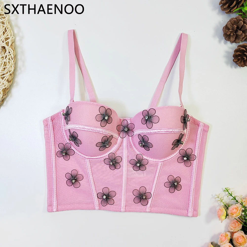 SXTHAENOO Solid Color Mesh Push Up Bralet Women's Plum Flower Sling Corset Bustier Bra Night Club Party Dance Cropped Top Vest