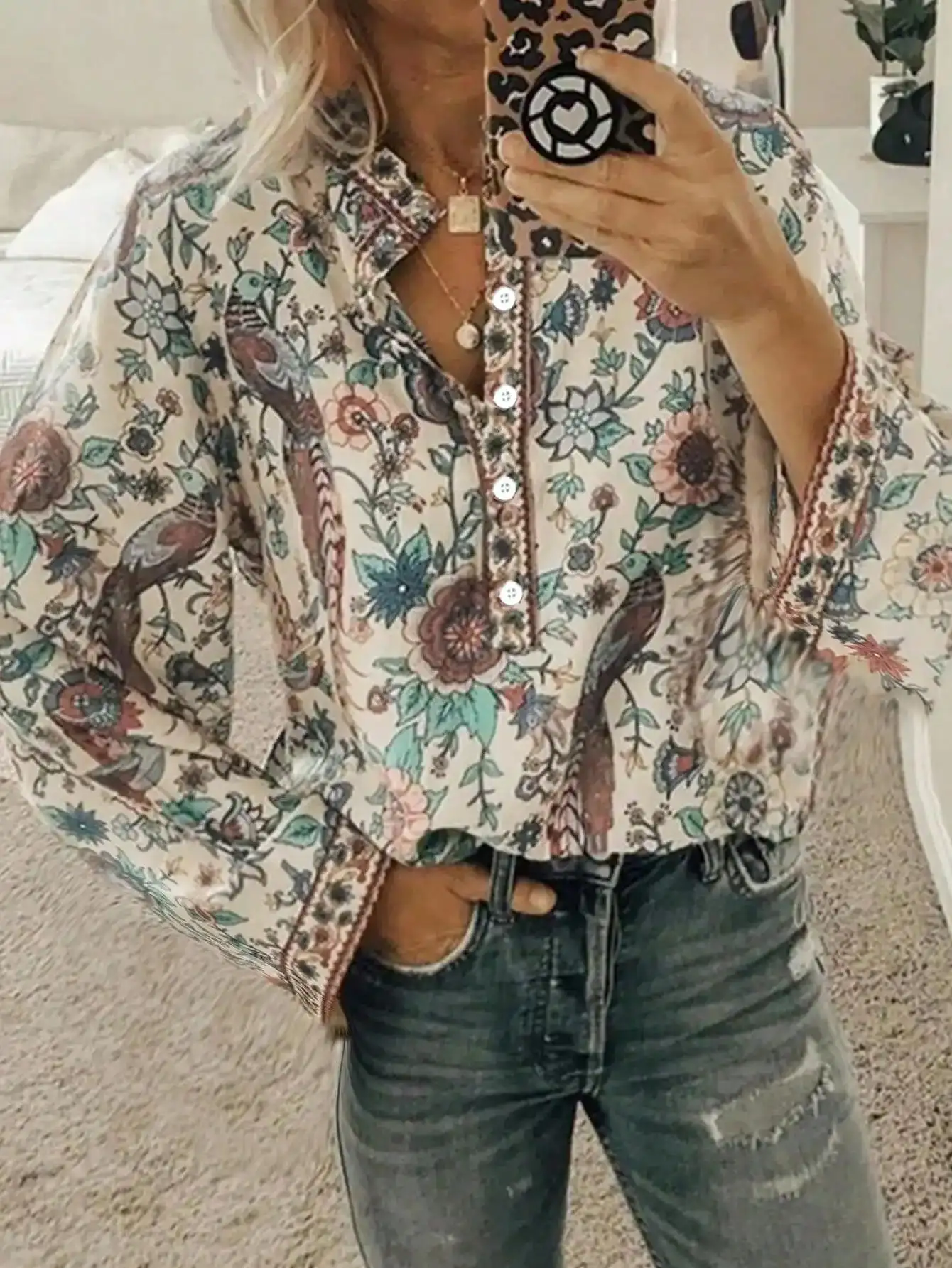 

Новая модная рубашка с цветочным принтом — женская рубашка в богемном стиле с длинными рукавами