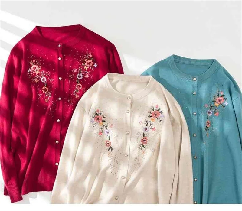 Woman Clothes New Autumn Loose Embroidered Knit Cardigan Mercerized Cotton Cardigan Long-sleeved Round Neck Coat Fashion Joker