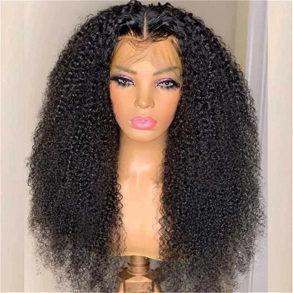 Suave natural negro rizado 180 densidad 26 pulgadas de largo sin pegamento peluca con malla frontal profunda para mujeres con pelo de bebé prearrancado diario