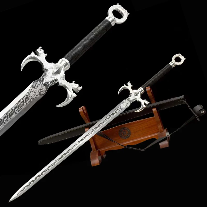 

Fantastic Sword-Spring Steel Blade W/engraving PU Leather Sheath Zinc Alloy Guard Two-Handed Swords Sharp Ready