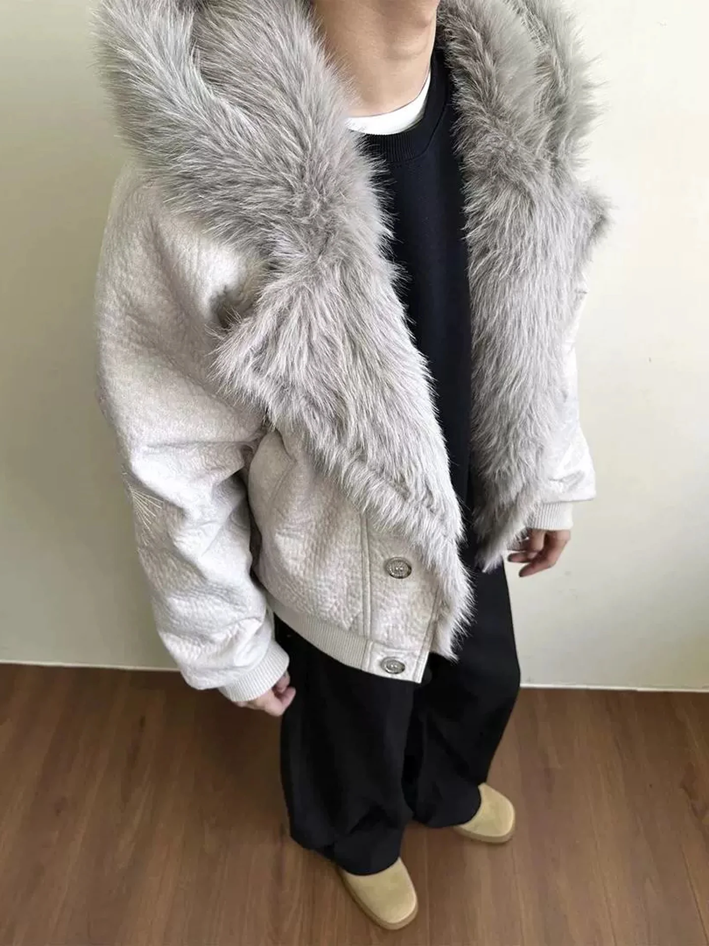 

Thiened Loose Fit Hooded Cotton Jaet for Men with Faux Fur Collar Warm Casual Sle Long Sve Youth ular Outerwear