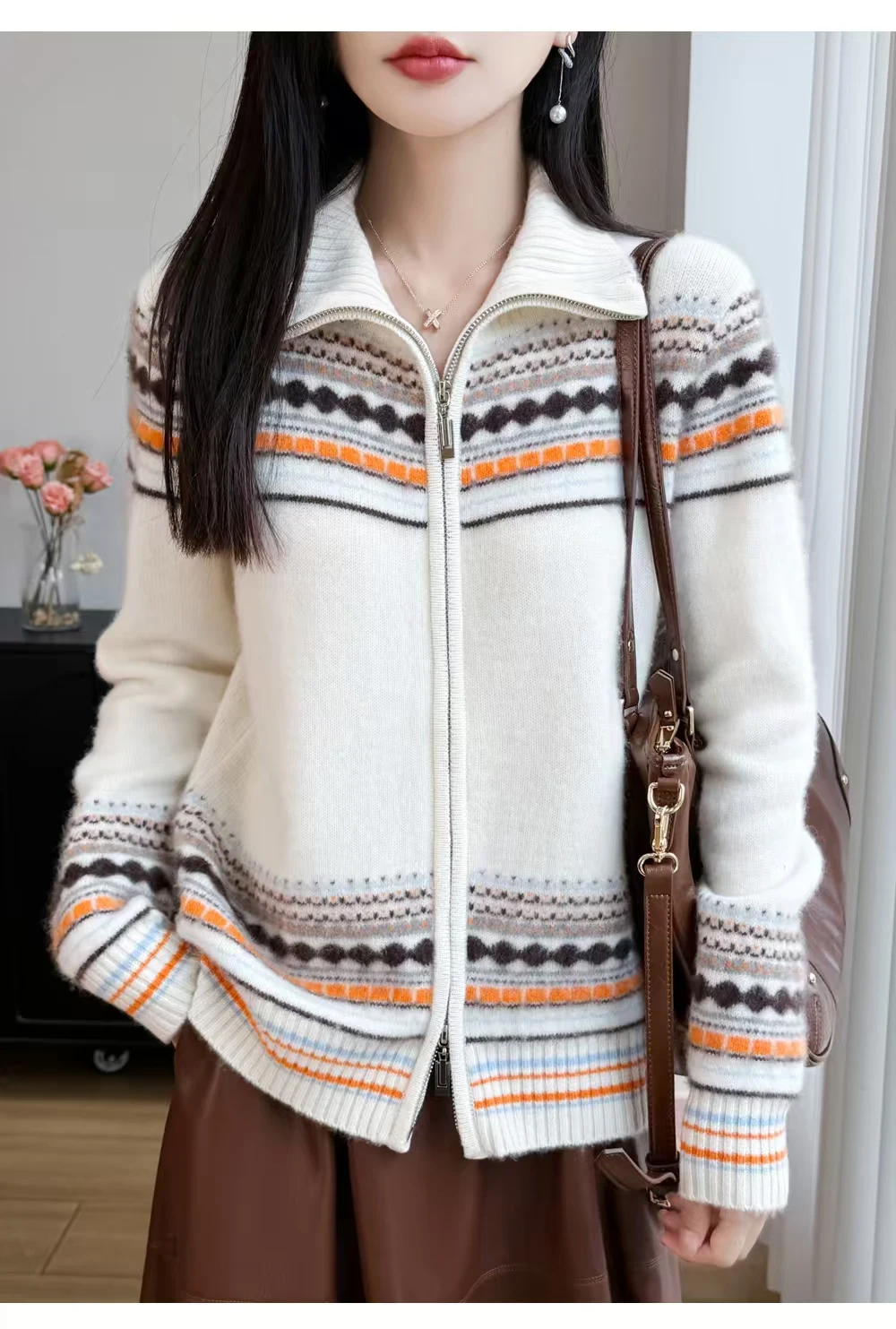 Turtleneck cardigan with 100% pure cashmere color matching knitted cashmere coat sweater
