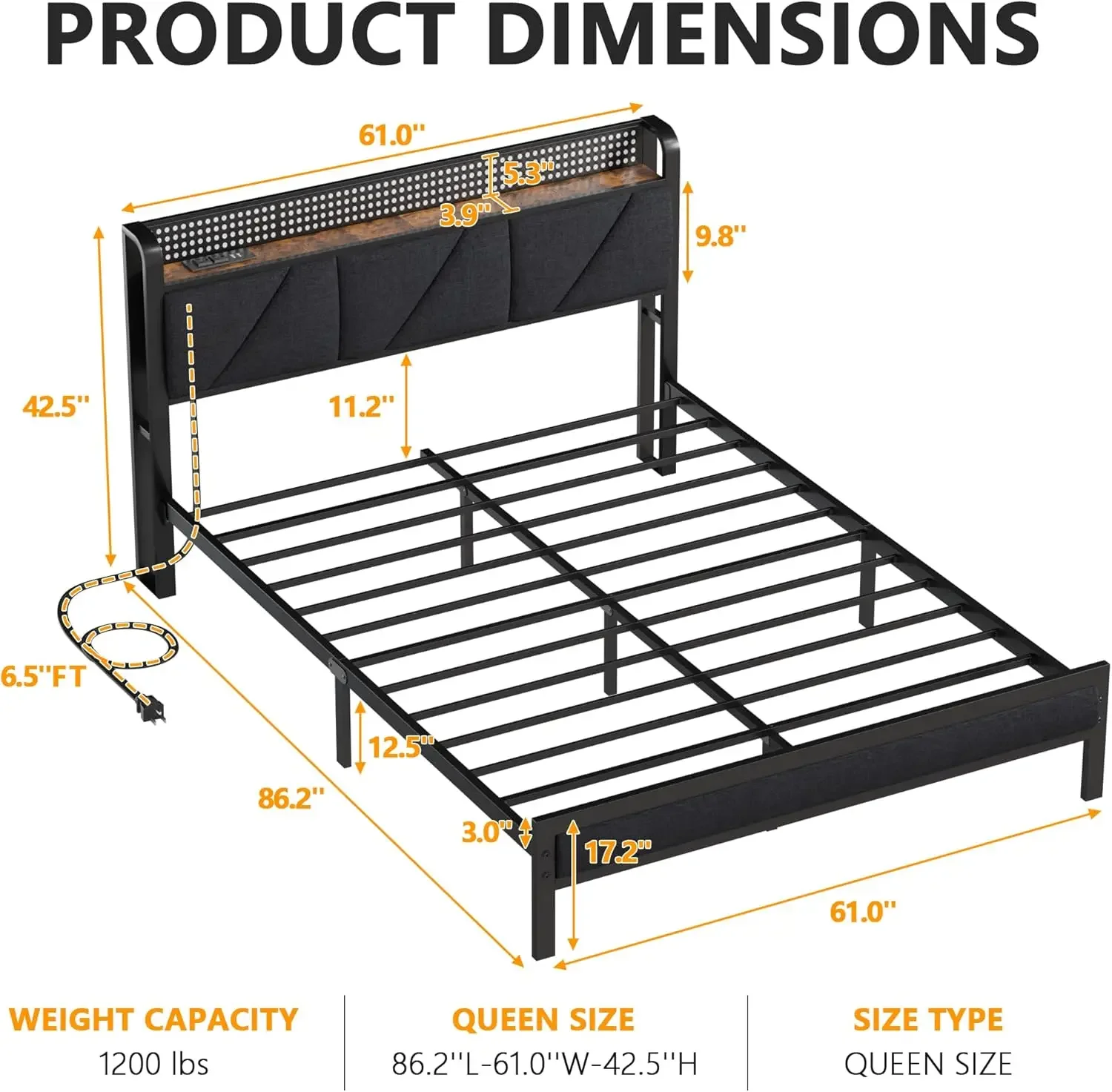 Queen Size Bed Frame with Headboard and LED Lights,Upholstered Bedframe with Charging Station and USB Port, Platform