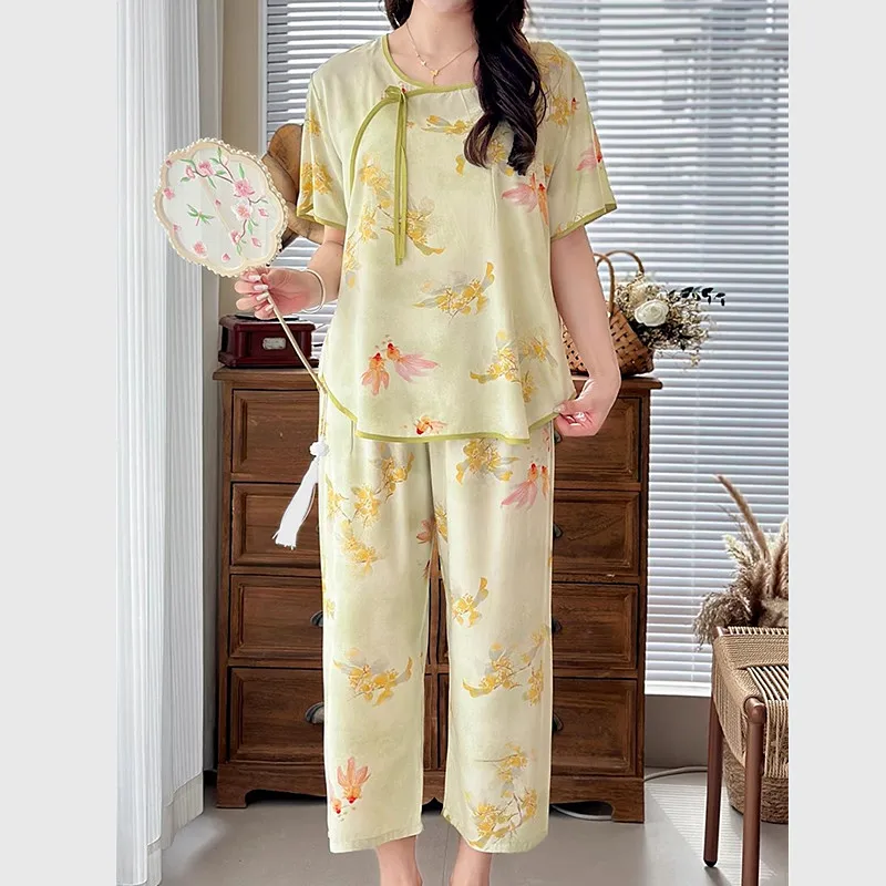 New Chinese Style Cotton Rayon Sleepwear Set Short Sleeved Pants Suit Loose Home Clothes For Women Lounge Night Wear Pajamas