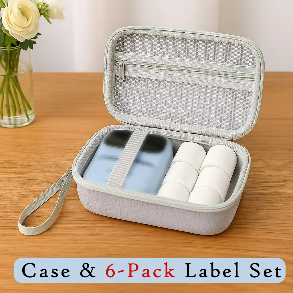 6-Pack 40*80mm Thermal Printer Label and Hard EVA Carrying Case Compatible with Phomemo M110– Portable Gray Storage Bag