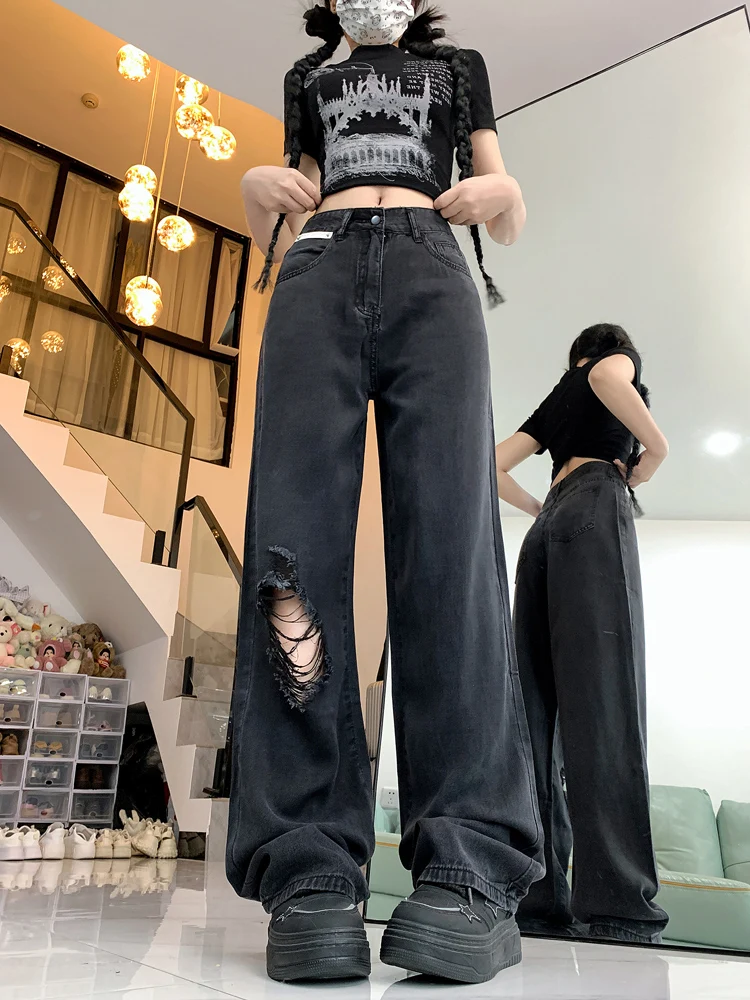 

Джинсы с высокой талией и широкими штанинами, женские летние тонкие брюки из ледяного шелка, прямые брюки больших размеров для похудения, дырокол