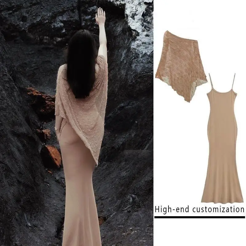 Sweet & Hot Style Slip Dress Set with Sun Protection Cape, Women's Bodycon Fishtail Midi Dress & Cover Up for Spring Summer