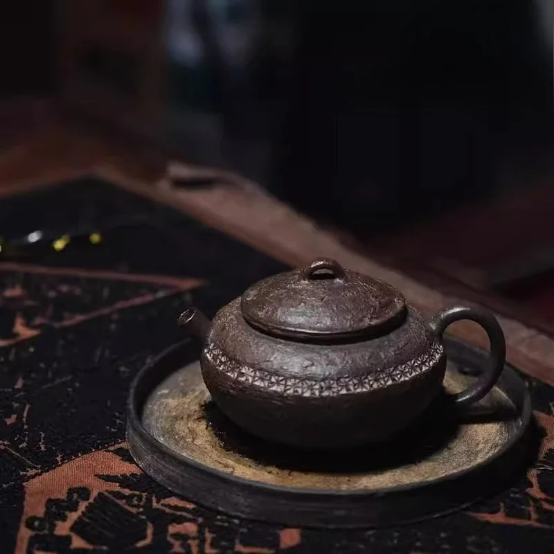 Full hand raw ore purple clay pot, purple sand firewood burning and electric burning, handmade mud teapot, printed teapot