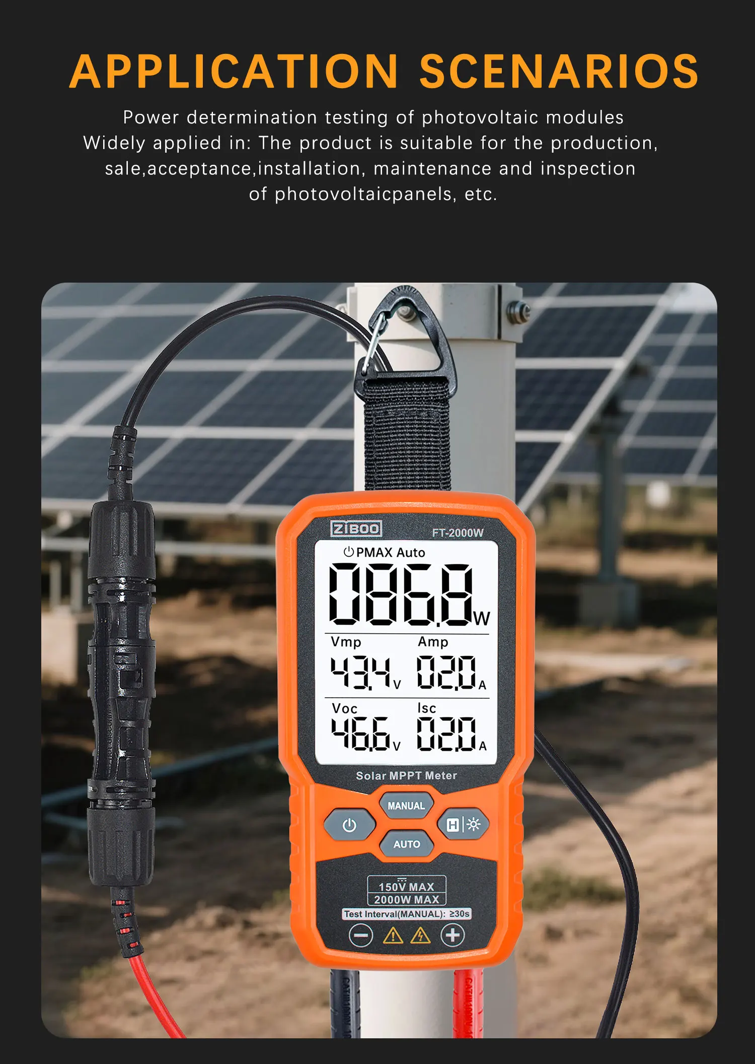 ZIBOO FT-2000W Solarpanel-Tester, MPPT-Messgerät, offener Stromkreis, Spannung und Kurzschluss, mit Hintergrundbeleuchtung und Datenspeicherung, FT-1000 W. – Detail 10