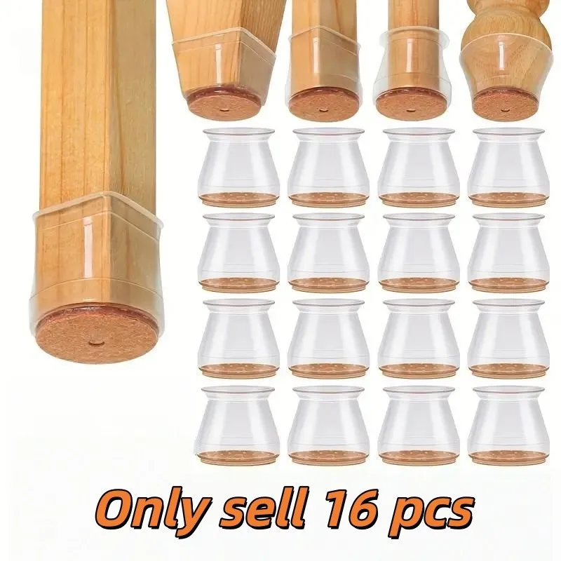 16pcs Transparent Silicone Chair Leg Caps with Felt Pad, Anti-Scratch Noise Reduction Floor Protectors, Easy Install for Home