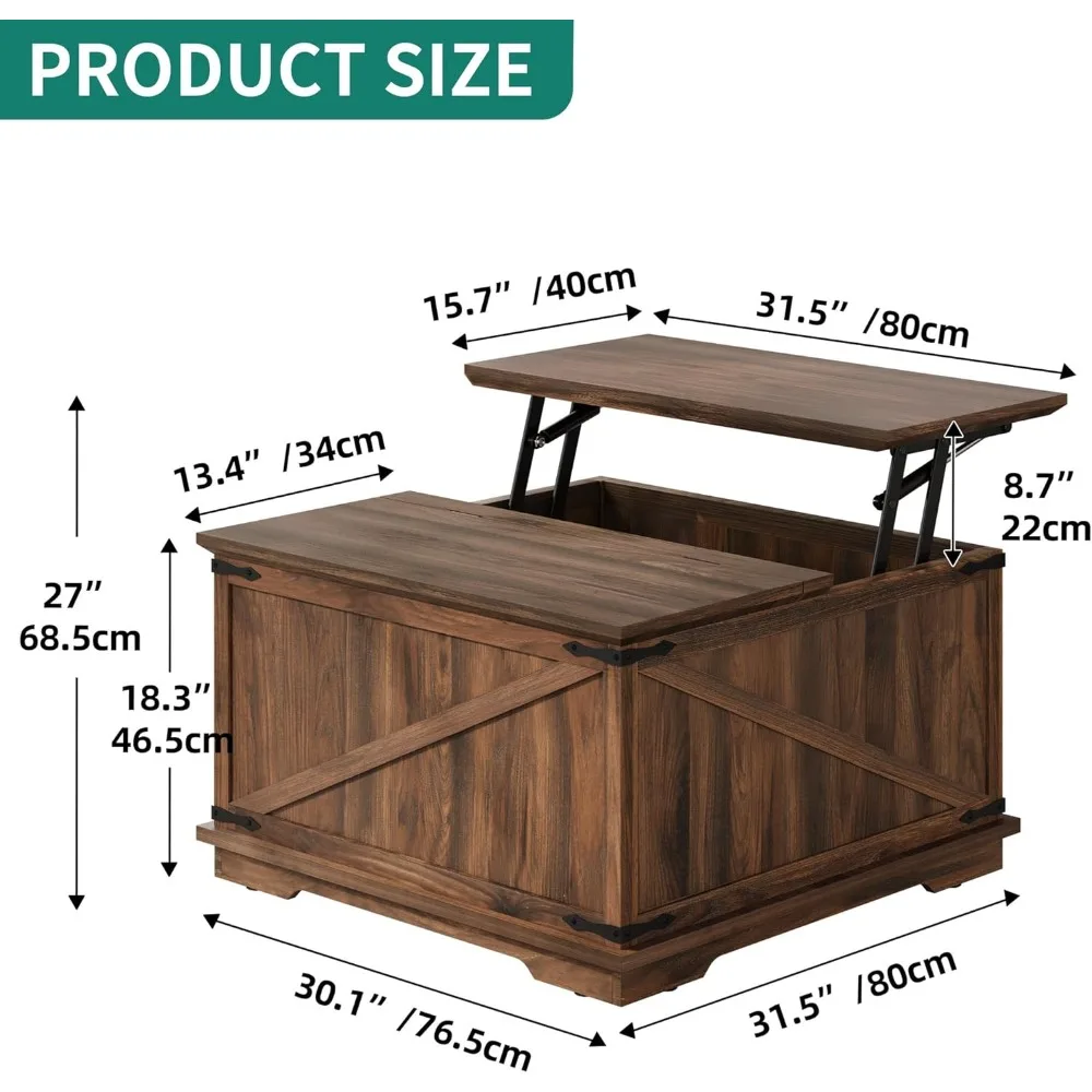 Coffee Table, 36.61 “W, Square Wooden Center Table with Large Hidden Storage Compartment, for Living Room, Elevated Coffee Table