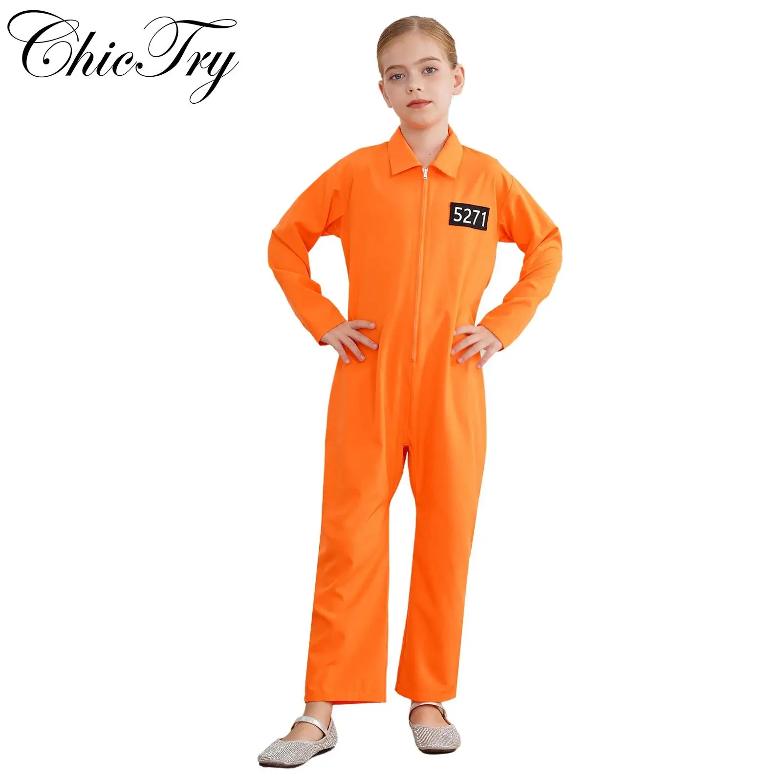 Kid's Prisoner Costume Halloween Cosplay Dress Ups Girls and Boys Long Sleeve Prison Uniform Carnival Cosplay Roleplay Dress Up