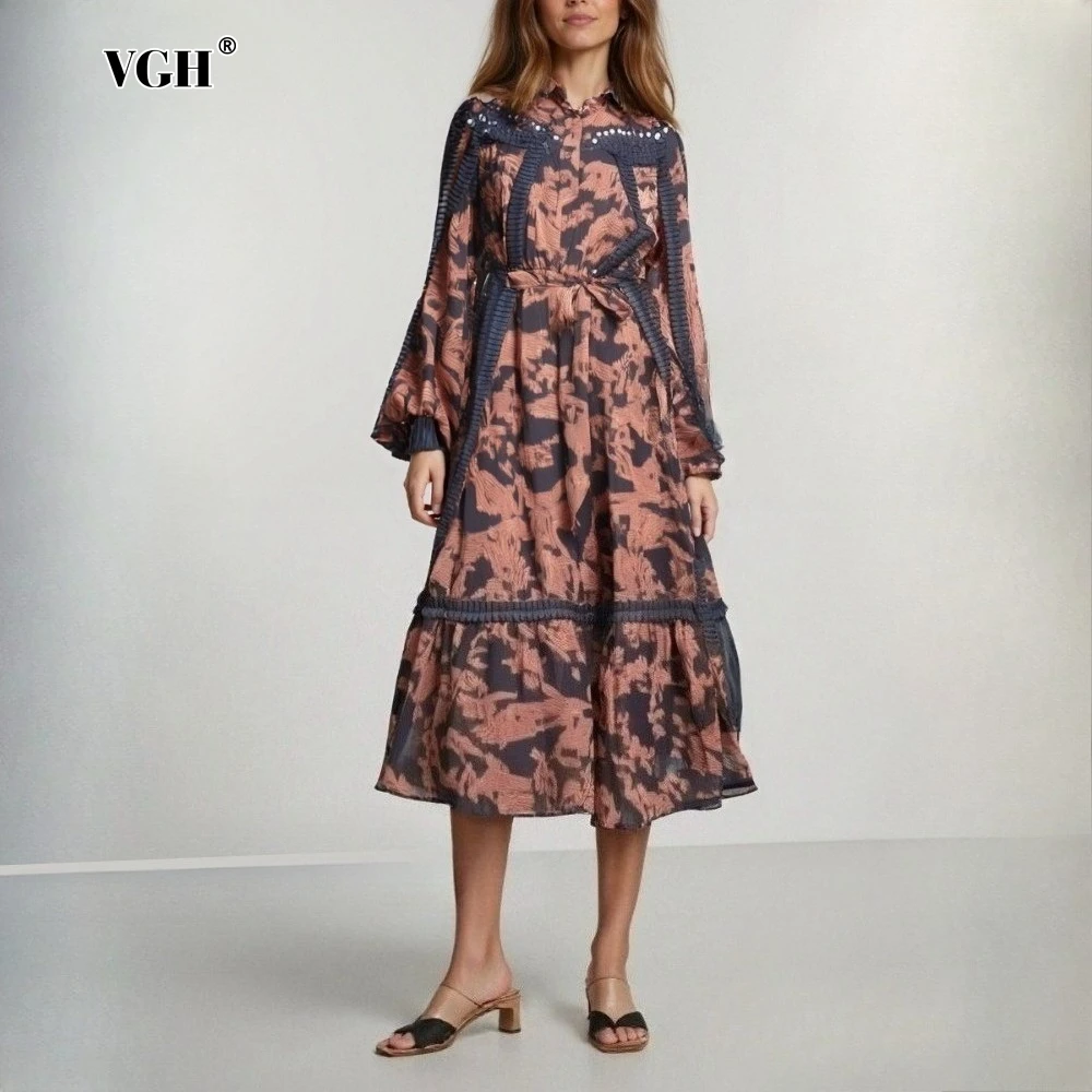 

VGH Bohemian Style Printed Dresses for Wome Lapel Long Sleeve High Waist Patchwork Lace Up Casual Retro Midi Dress Female Style