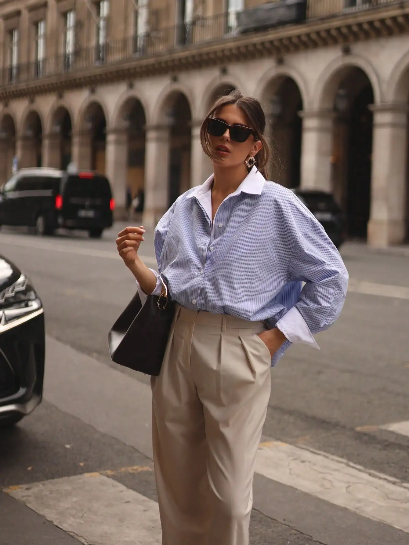 

Blue White Striped Lapel Shirt, Women Long Sleeve Top with Spliced Cuffs for Spring Summer Commute Business Wear