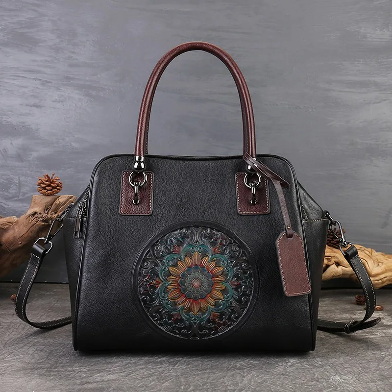 Nesitu Highend Vintage Black Coffee Red Brown Flower Genuine Leather Women Handbag Cowhide Shoulder Messenger Bag Tote M3772