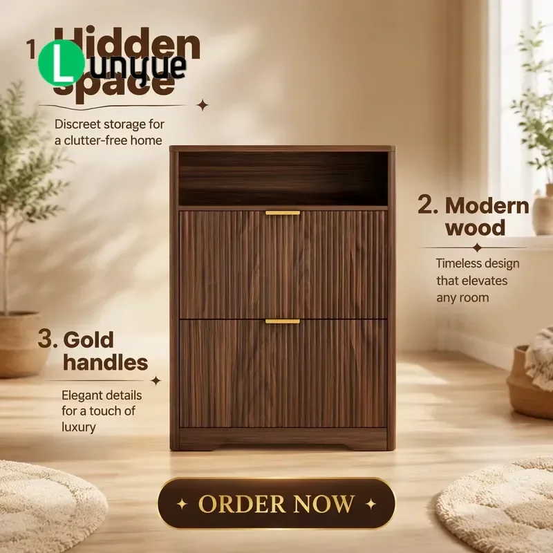 Slender Grooved Wooden Shoe Cabinet with Flip Drawer and Open Top Rack Entryway Storage Furniture for Hallway Entrance Space