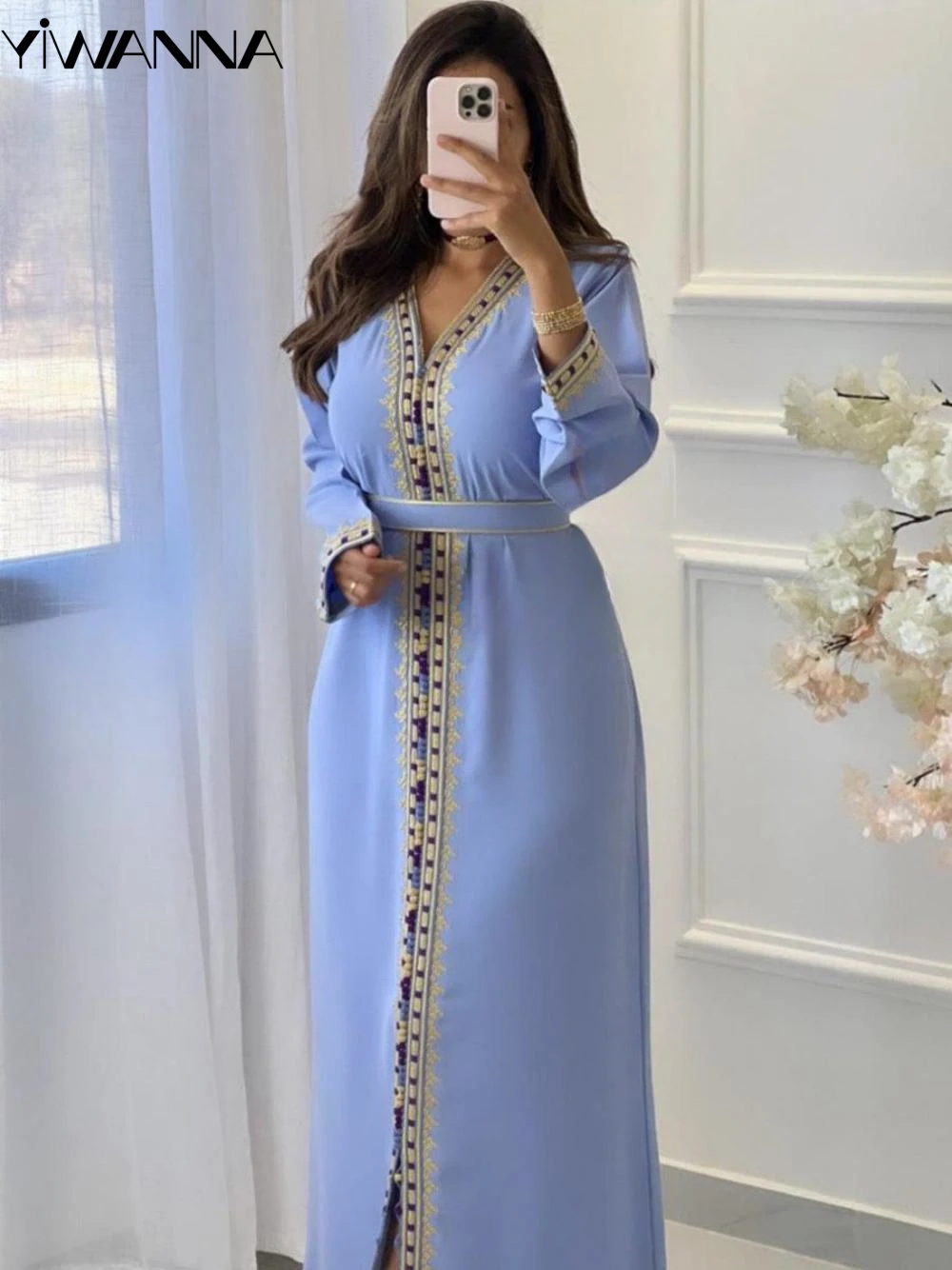 Modest V-neck Long Sleeve Prom Dress Muslim Appliques Belt Cocktail Gown Customized Moroccan Caftan Evening Dress Robe De Mariée