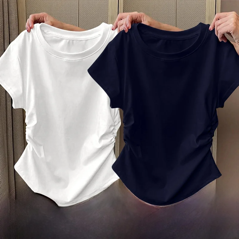 Summer ort Sve T-irt Women's 2025 New Sle Ele High Waist Asymmetrical Commute Slimming Versatile Top