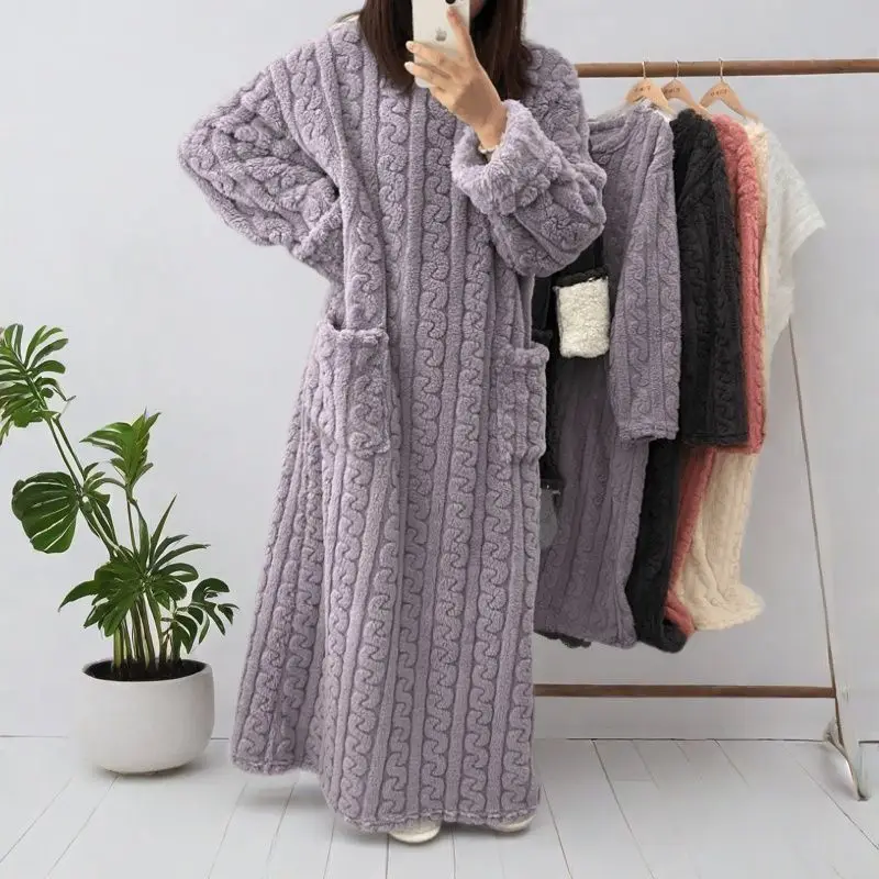 

Women's Clothing Pajamas Fleece-Lined Thicken Winter Keep Warm Coral Fleece Robe Homewear Leisure Loose Extended Version