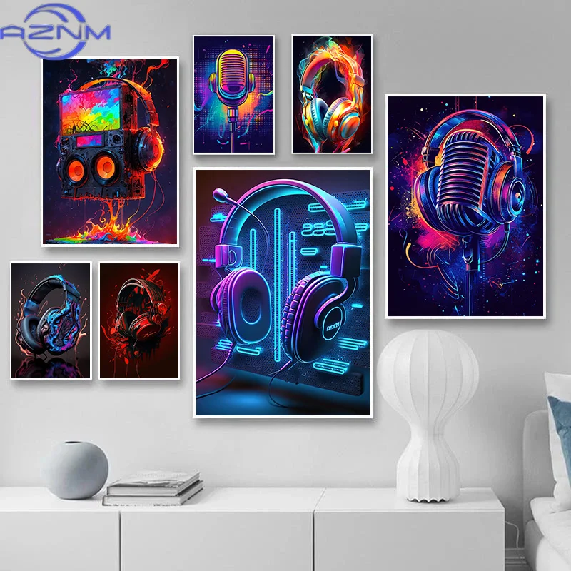 AZNM Hot Live Music Neon Headphones DJ Posters Colorful Boombox Microphone Party Prints Canvas Painting Wall Picture Home Room D