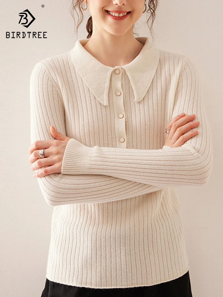 BirdTree, 35% Cashmere 65% Wool Elegant Sweaters, Women Lapel Button, Slim A-level Boutique Sweater, 2024 Autumn Winter T49111QC