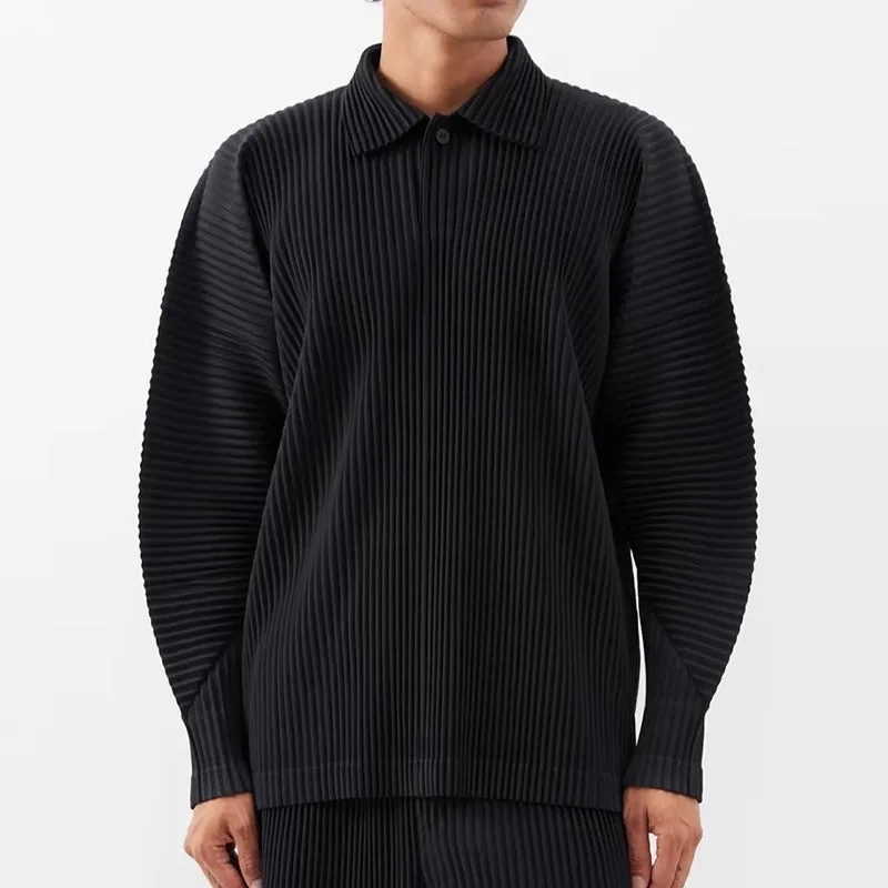 Miyake Classic Pleated Men's Solid Color Loose Casual Turn-Down Collar Long Sleeve Shirt New Simple Commuter Business Polo Shirt