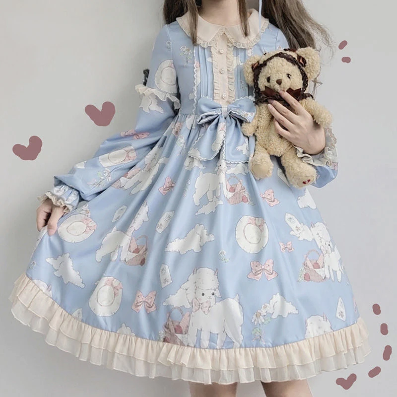 Kawaii Japanese Lolita Vintage dress Lamb Printing lolita dress women soft girl style cute Princess lace dress cute