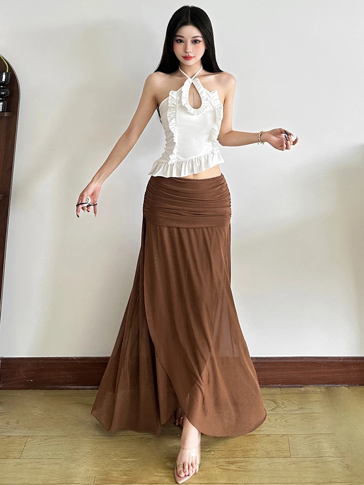 

Weird Pus Elegant 2-Piece Set Women Halter Cross Hollow Ruffles Irregular Hem Tank Top+Folds Mesh Skirt Vacation Matching Suit