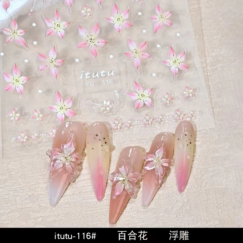 Lily Flower Summer Stickers Jelly Nail Art Decorations 5D Sticker Nail Decals Acrylic Adhesive Gel Sliders Manicure Accessories