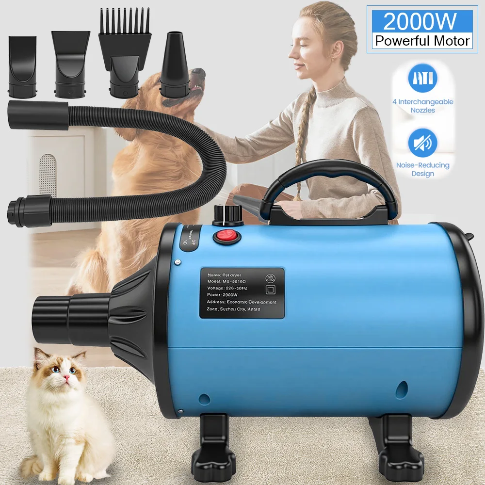 Sèche-chien professionnel 4000W, souffleur de toilettage pour animaux de compagnie à grande vitesse avec peigne à 4 buses, vitesse de température réglable pour le salon à domicile