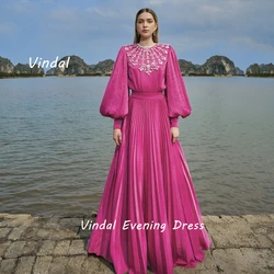 Vindal Floor length O-Neck luxurious A-Line Sexy Ruffle Beaded Velour Breast Padding Elegant Long Sleeves السعود For Woman 2024