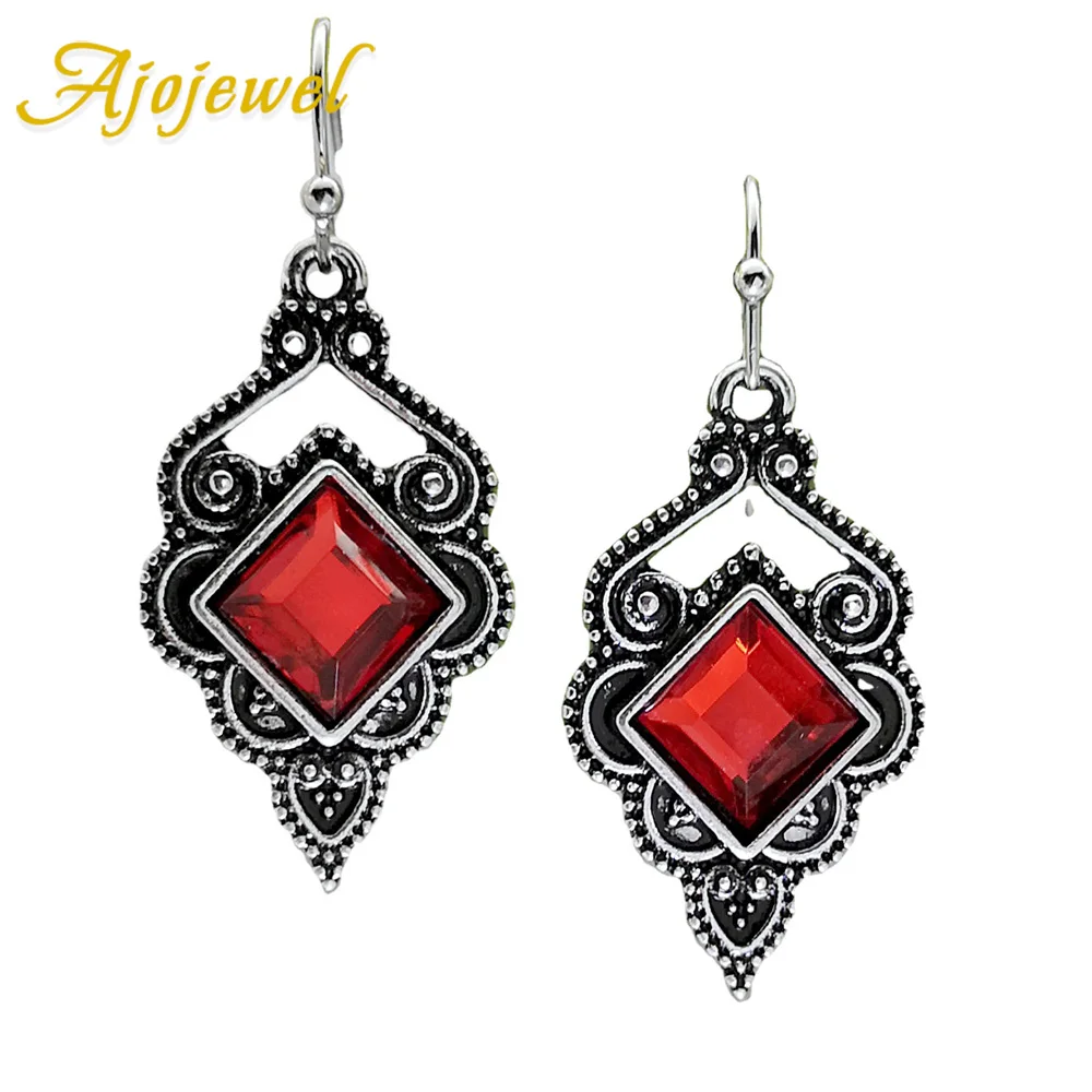

Ajojewel Tibet Silver-plated Red Square Crystal Dangle Earrings For Women Retro Jewelry Mix Wholesale