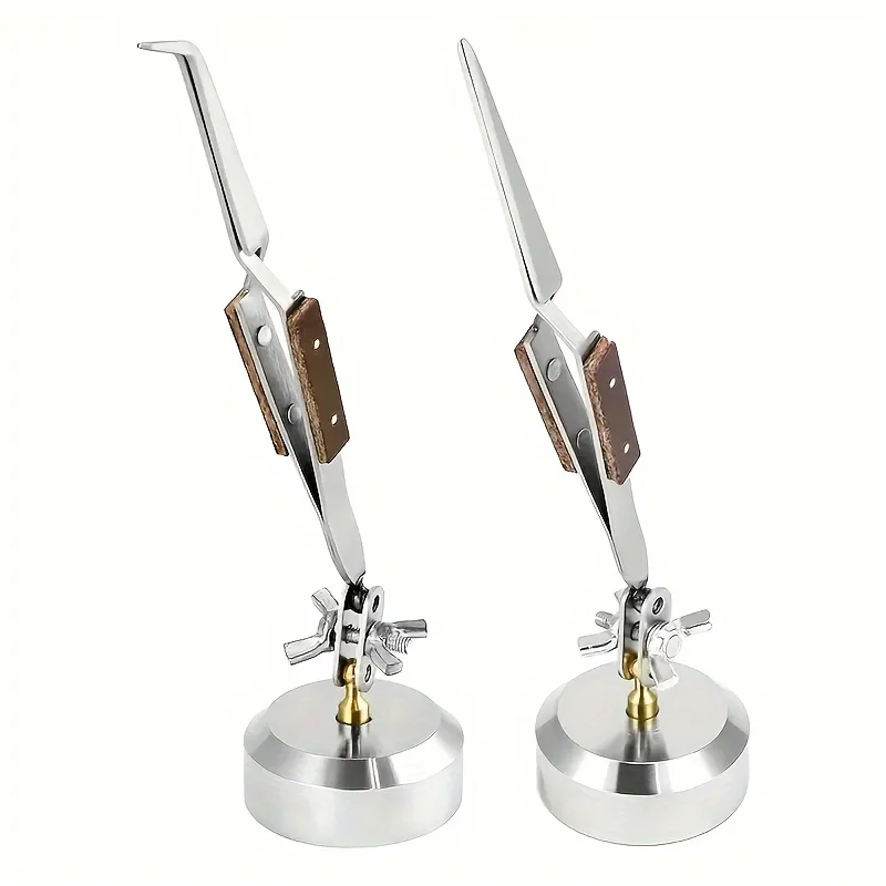 

360° Rotating Soldering Tweezers Straight/Curved Tip Cross-Lock Base Stainless Steel Jewelry Welding Tool with Weighted Holder