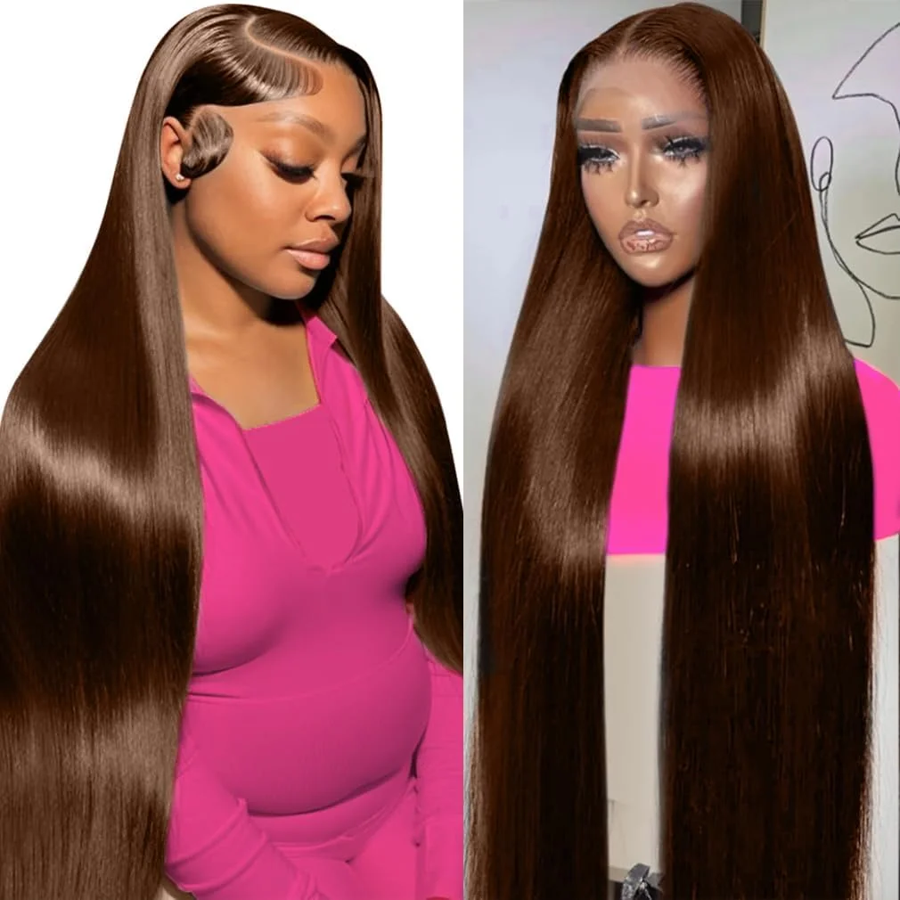 

Chocolate Brown Straight Lace Front Wigs Human Hair 13x4 HD Transparent Lace Frontal Wig Pre Plucked With Baby Hair 200 Density