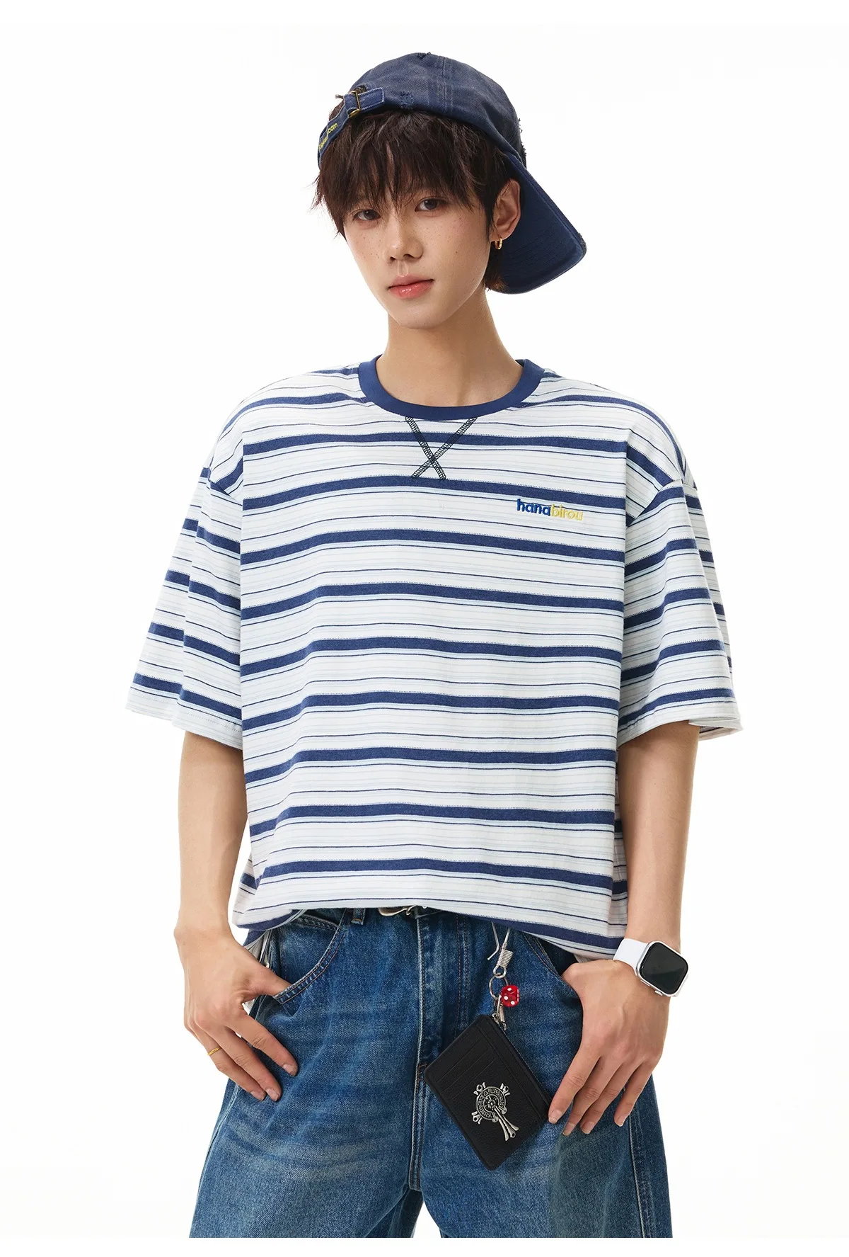 

Men's Short-Sleeved T-Shirt with Contrasting Stripes, Letter Embroidery, Simple and Casual, Cotton, Loose Fitrt-Sleeved T-Shirt