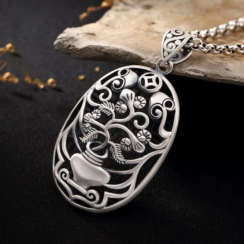 

925 Silver Vintage Auspicious Flower Necklace for Women Hollow Out Charms Ancient Rhyme Pendant Ethnic Style Fine Jewelry