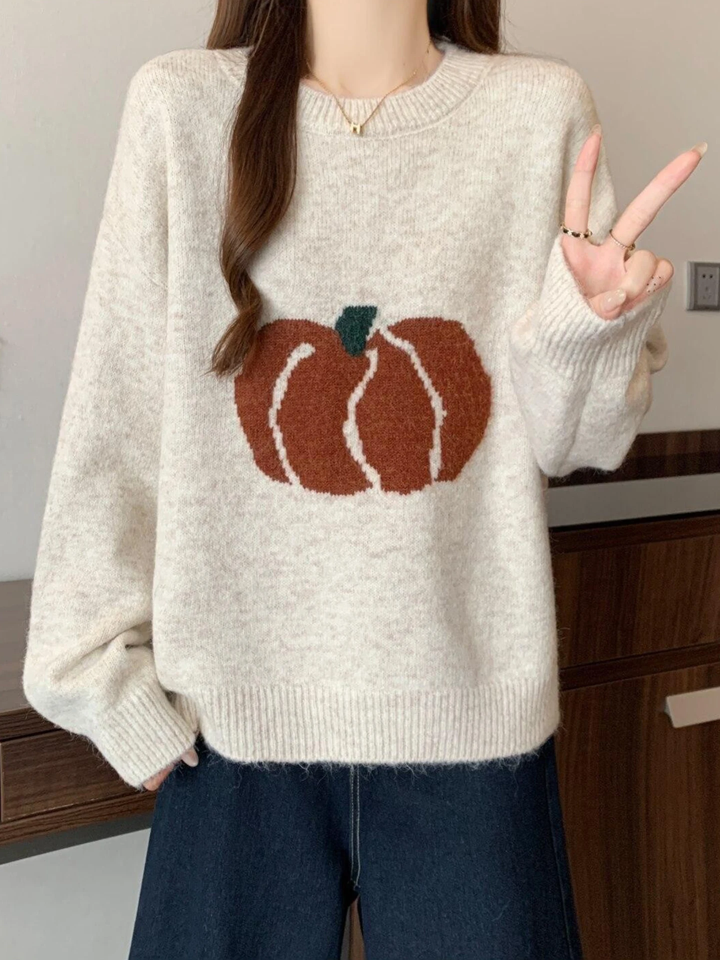 

Ladies' Pumpkin Pattern Knitted Sweater Soft Cozy Autumn Winter Faion Commute Sle Long Sve round Ne Warm Thiened Top