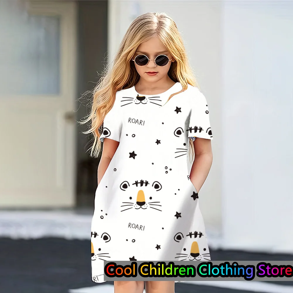 MINISO Disney Minnie Mouse Lion King Kunomi Cartoon Print Dress Girls Dress Birthday Party  Short Sleeve Princess Dress Clothing