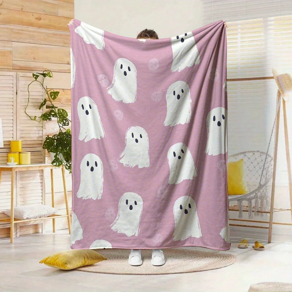 1pc Flannel Blanket Featuring a Pink Ghost Design, Available in Three Sizes, Ideal for Home Use Or Travel, Great for The Bedroom