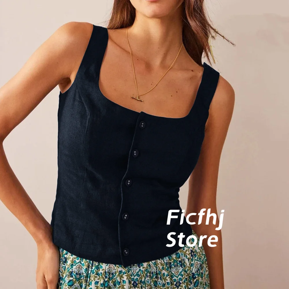 Vest For Women Linen Tops Square Collar Office Ladies Temperament Single Breasted Business Lady Waistcoat chaleco mujer