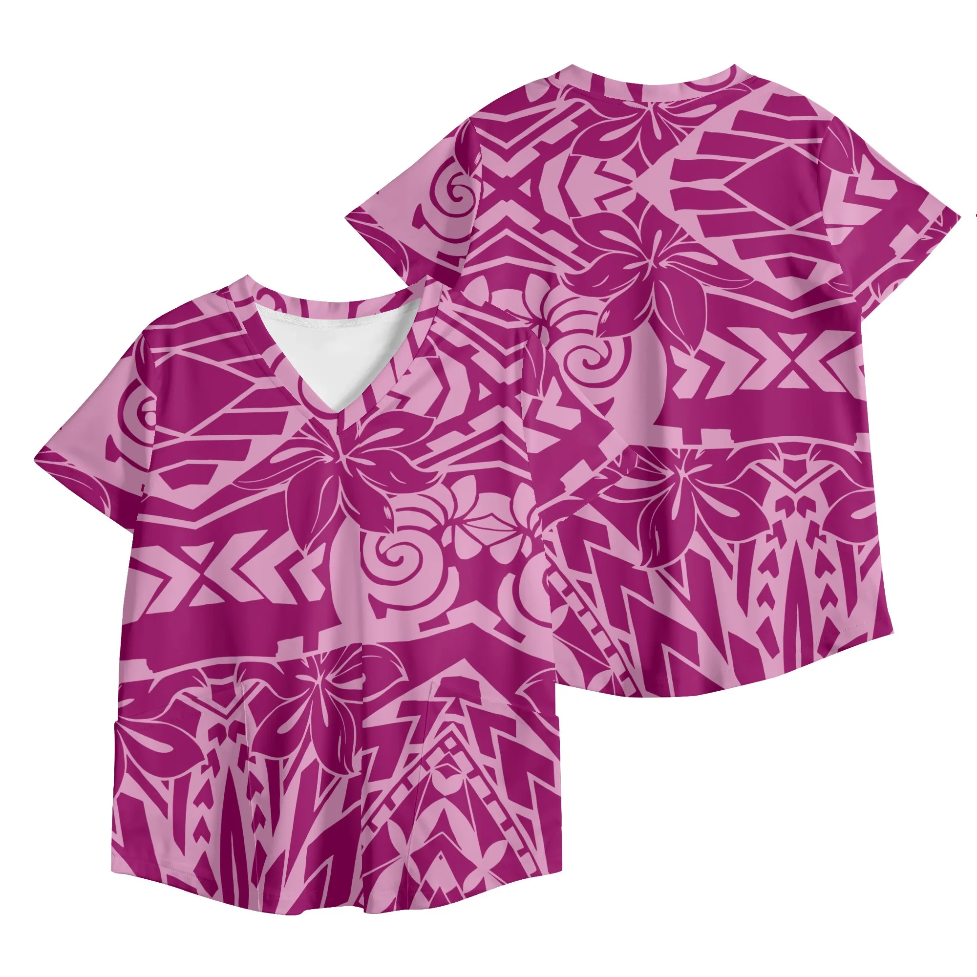 Women V-Neck Short Sleeve Nursing Uniform Nurse Polynesian Style Summer Tribal Style Women Tops Printed Pattern Women Tees