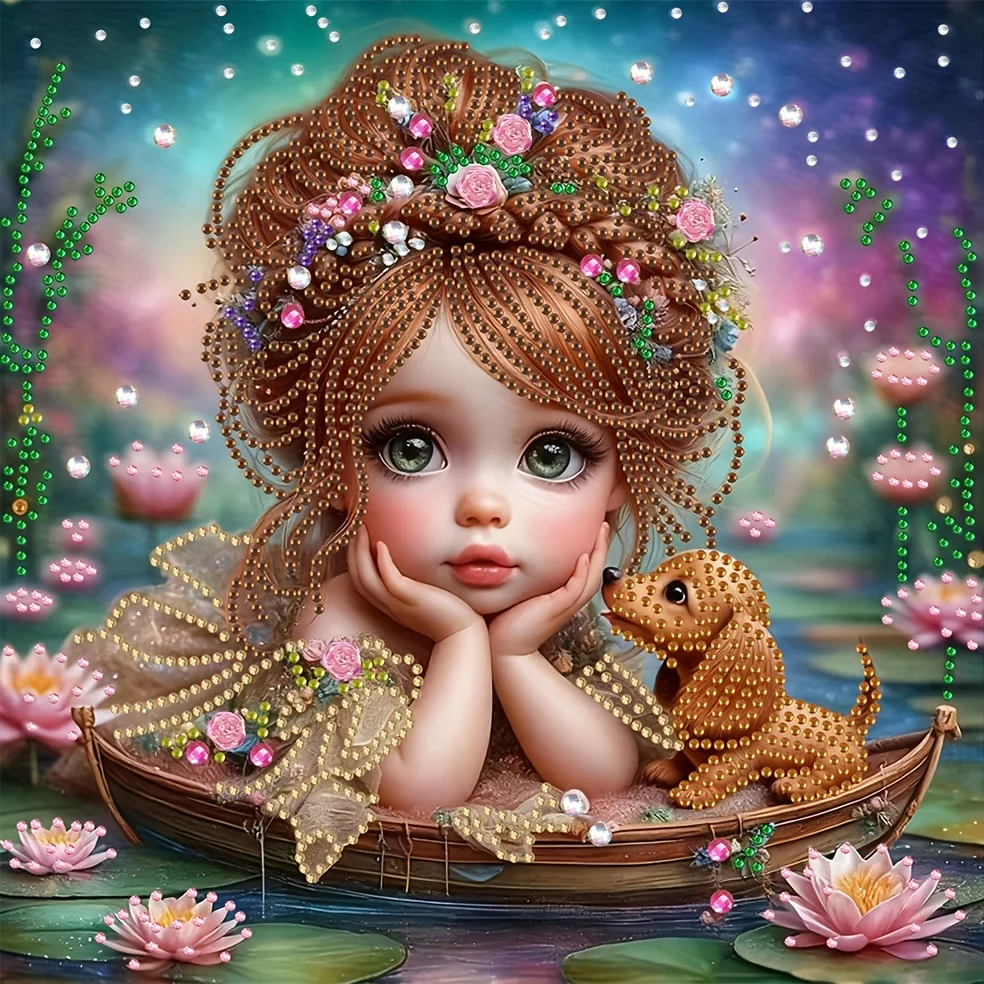 (30cm/11.8" x 30cm/11.8") Cartoon Girl with Dog Diamond Painting, Irregular Diamond Stickers, DIY Craft, Creative Gift, Premium