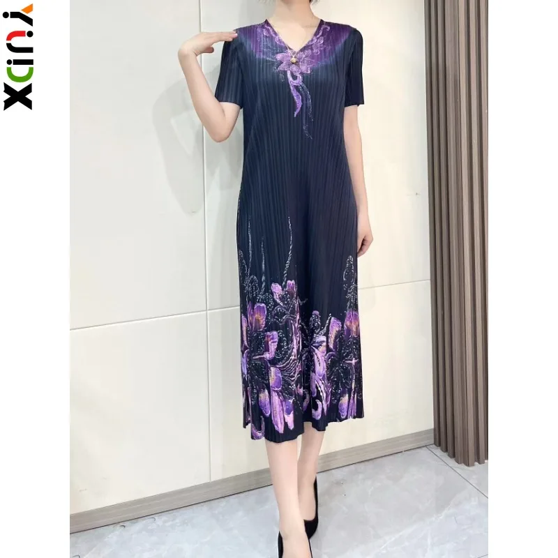 

YUDX Miyake Pleated Print Short-sleeved Fashion Women's Dress Retro Style Slim Temperament Skirt 2024 Summer New