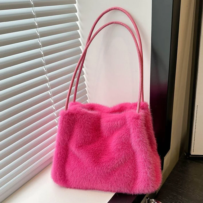 Solid Color Fluffy Soft Plush Shoulder Bag Casual Handbag Travel Shopping Tote Bag Large Capacity Underarm Bag
