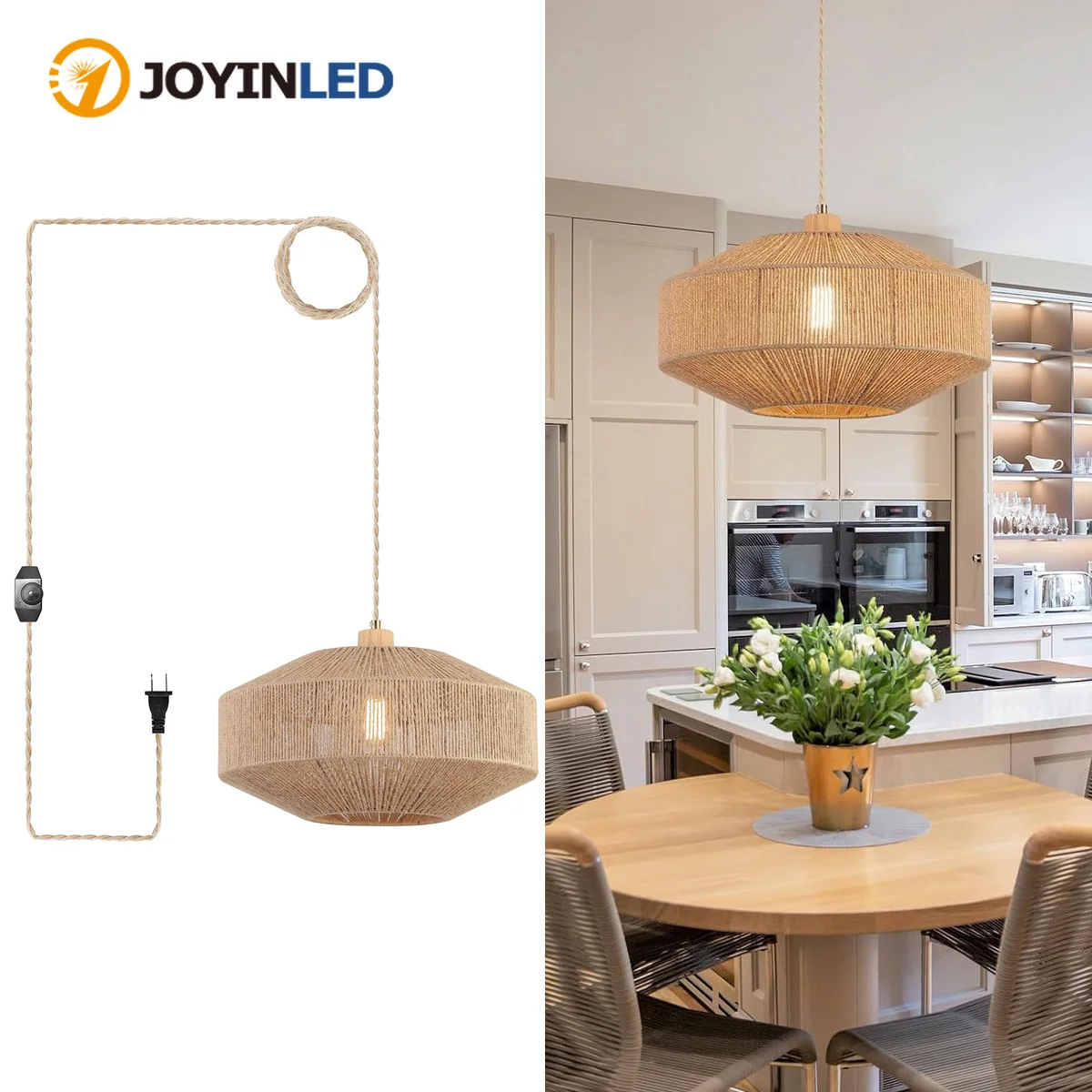 JOYINLED Coastal Woven Plug in Pendant Light with Handmade Hemp Rope Cord, Dimmable Switch, Natural Hanging Lamp for Bedroom E27