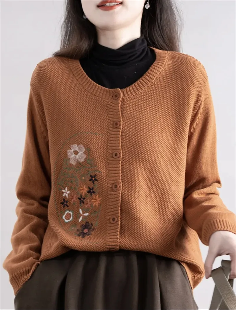 Womens Clothing New Buttons Cardigan Knitting Sweater Women Vintage Printed Knitwears Coat Casual Spring Autumn Female Jacket